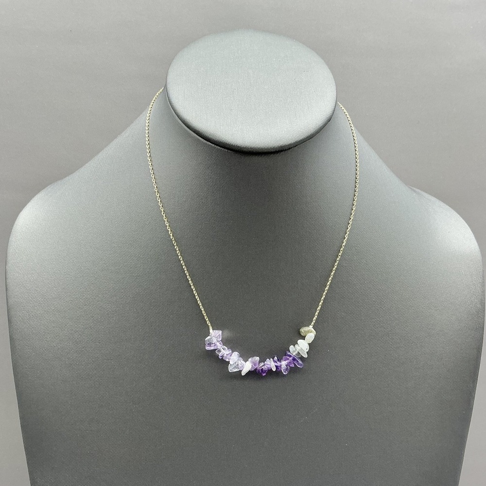 Necklace Gold Tone Purple Amethyst Gemstone Beaded Bar Chain Womens Jewelry